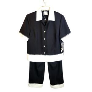 NWT VTG Zoe Black Collared Button Up 2-Piece Pants Suit Casual Set Womens Size 8